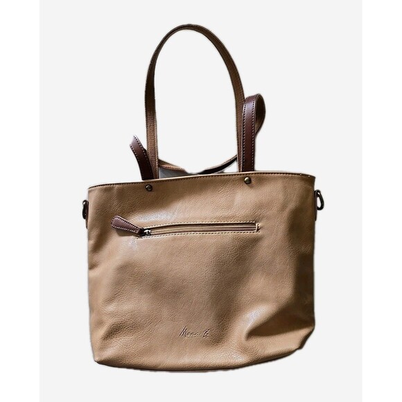 Mona B  Shoulder Bag Vegan Leather Purse Tan Basketweave Zip Pockets 10" x 9" - Picture 3 of 10